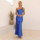 Halter Backless Dress Blue Slim Sleeveless Sling Midi Dress